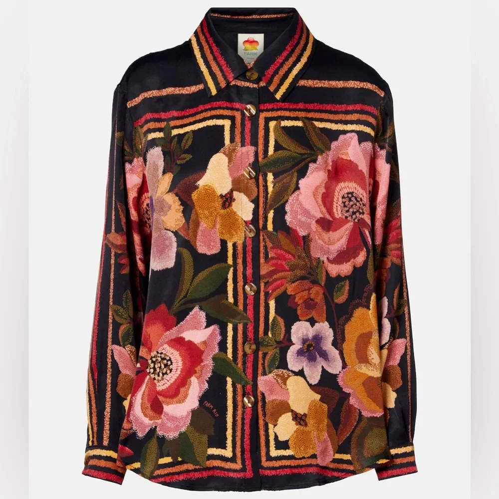 Farm Rio: Farm Rio Black Chenille Flowers Shirt - Picture 3 of 15